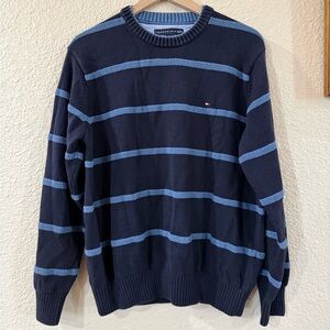 Tommy Hilfiger Vintage Men's Dark Blue Cotton Sweater with Light Blue Stripes